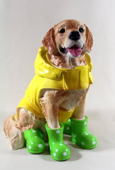 Hund mit Mantel, Stiefel grün - zum Schließen ins Bild klicken