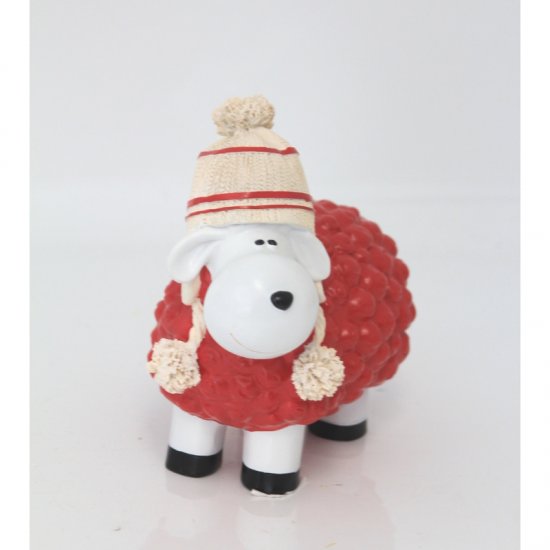 Schaf mit Bommelmütze, rot - zum Schließen ins Bild klicken